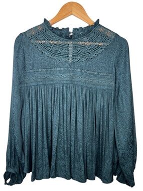 Gentle Fawn Size Medium Teal Paisley Boho Blouse Lace Yoke Flowy Shirt Top